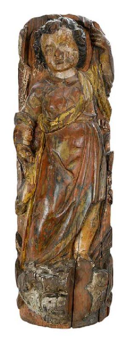 Continental School: (18th century or earlier) Standing Figure, an architectural fragment, carved and polychromed wood, 21-3/4 in.