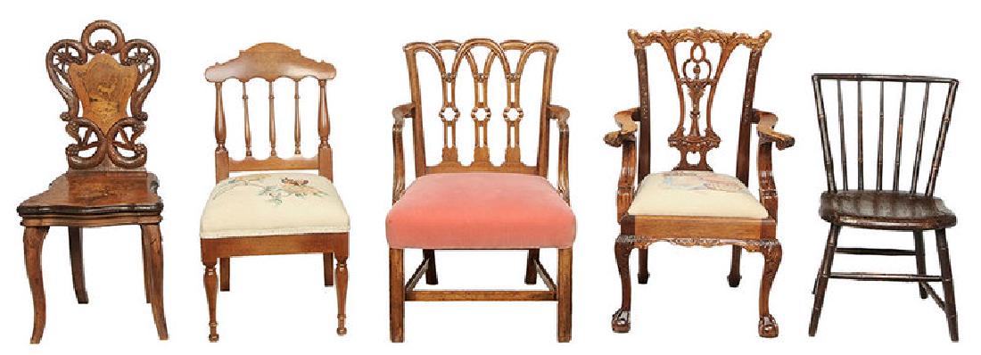Five Miniature Child's Chairs: American/Continental, comprising: two 20th century, Chippendale style, carved mahogany; one Windsor, with label for David Stockwell [minor repairs at seat and some surface retouch]; one 19th