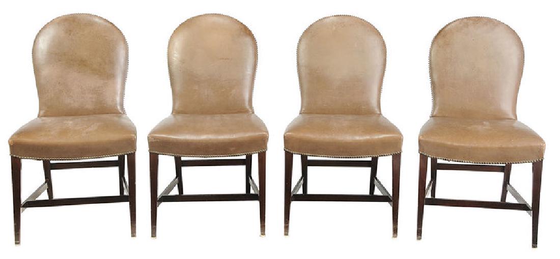 Set Four George III Style Back Stools: British, 20th century, each mahogany frame with gray leather upholstery, brass tacking, 36-1/2 in.
