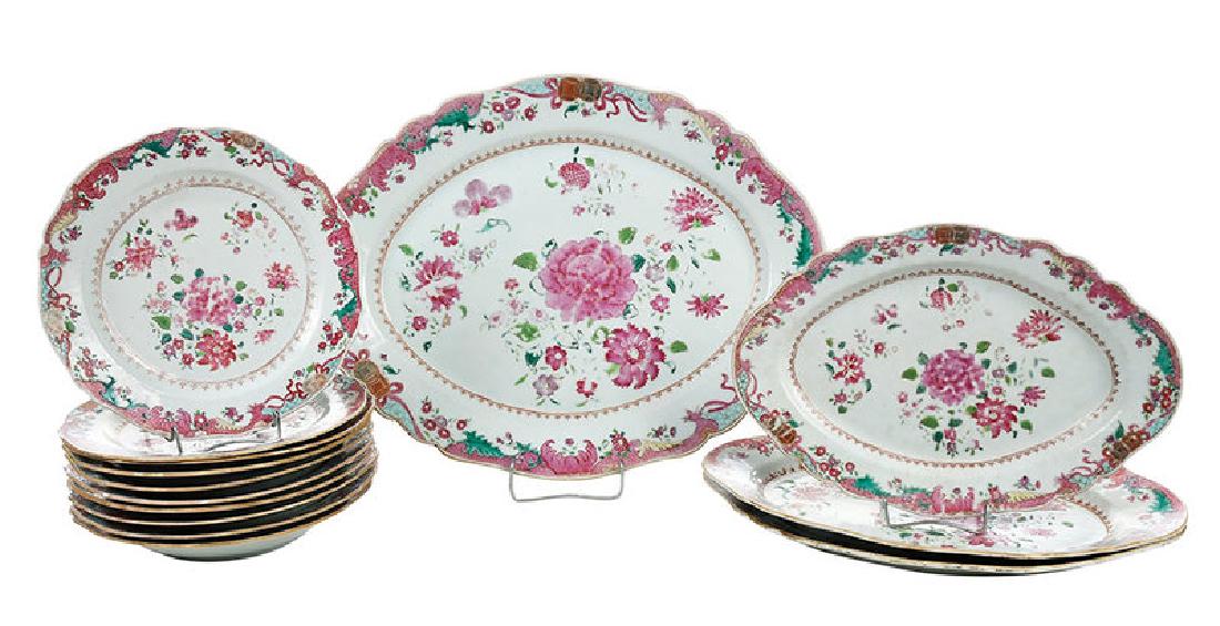 Set 14 Pieces Famille Rose Porcelain: Chinese, 18th/19th century, four oblong platters with scalloped border, enameled peony decoration, gilt spear inner border with scaled and leafy outer border, 17-1/3 x 13-1/2 in. to 10-3/4 x 8-3/4 in.