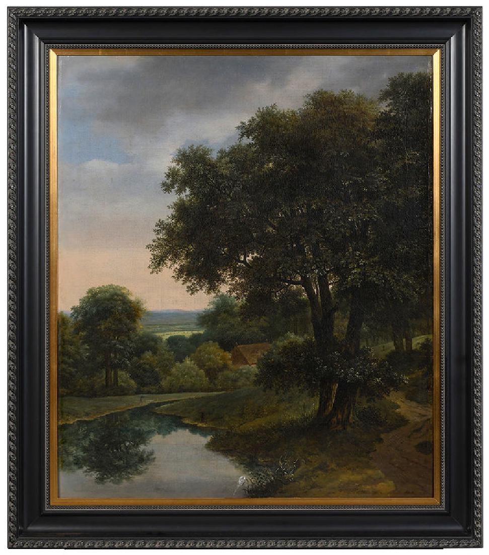 British School: (19th century) Pastoral Landscape with Fishermen and a Cottage, unsigned, oil on canvas, 36-1/2 x 43 in.; modern black lacquer frame, 51-1/2 x 45-1/4 in.