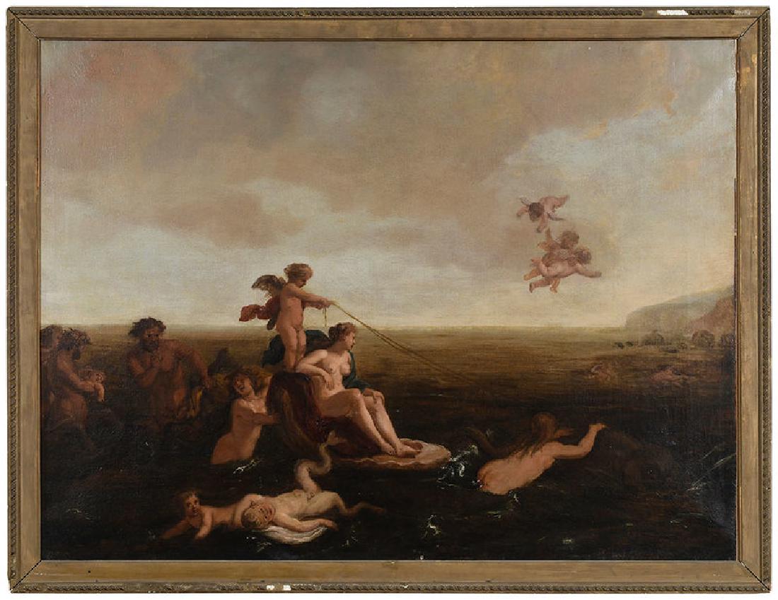 Continental School: (19th century or earlier) Birth of Venus, oil on canvas, 32-5/8 x 43-5/8 in.; painted wood and composition liner, 35-1/2 x 46-1/2 in.