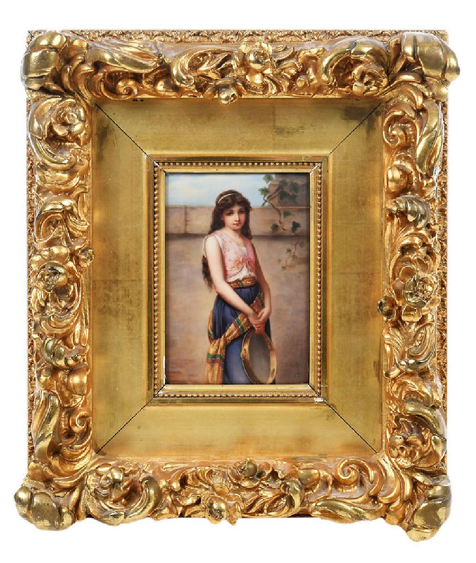 KPM Style Plaque of Mignon: German, early 20th century, hand painted porcelain plaque of a young girl wearing a sash and holding a tambourine, faint signature lower right corner, stamped verso "Made in Germany" and signed "Migno