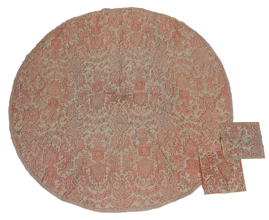 Silk Fortuny Table Cloth with Two Pillow Shams: Italian, circa 1960, round table cloth in Carnavalet pattern, 113 in., with two matching pillow shams with applied metallic trim, 20 x 20 in.