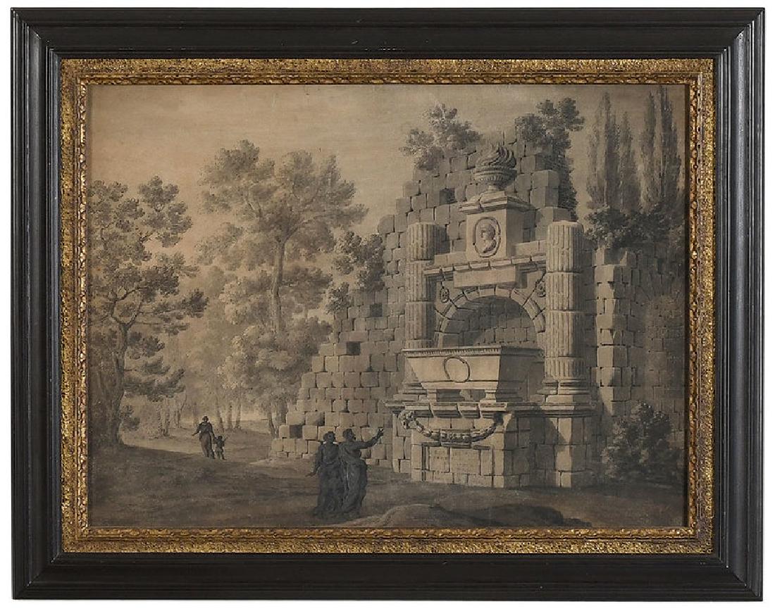 Circle of Giovanni Battista Piranesi: (Italian, 1720–1778) A Fantasy View of Ruins of a Mausoleum with a Nobleman's Sarcophagus, 18th century, inscribed verso in script, black ink and ink wash on laid paper, 16-1/4 x 22 in. (sight);