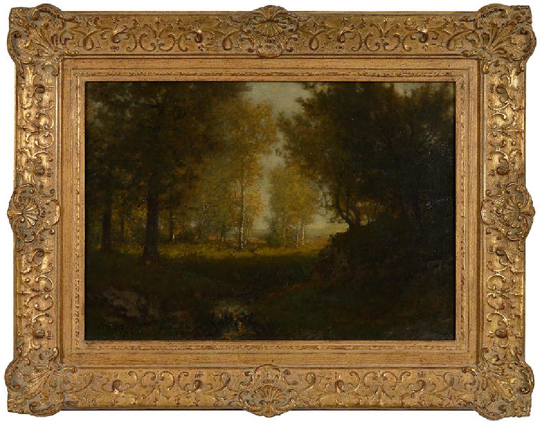 Alexander Helwig Wyant: (American, 1836-1892) At The Edge of the Woods, c. 1885, signed lower left "A.H. Wyant", oil on canvas, 14 x 20 in.; reproduction carved gilt wood and composition frame, 20-3/4 x 26-3/4 in. Note: Incl