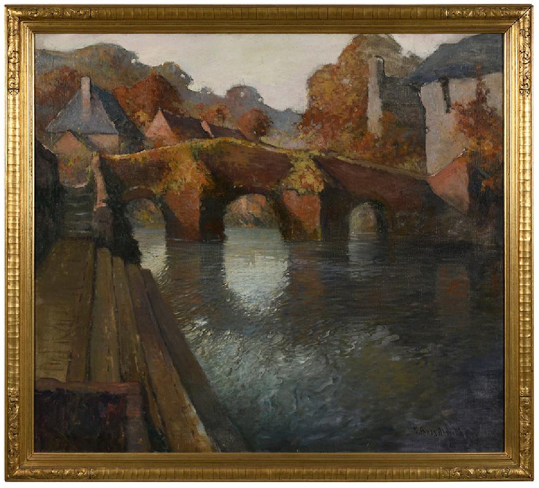 George Ames Aldrich: (American, 1872-1941) Venetian Bridge, signed lower right "G. Ames Aldrich", oil on canvas, 36-1/4 x 40-1/4 in.; carved gilt wood and composition frame, 40-1/2 x 44-1/2 in.