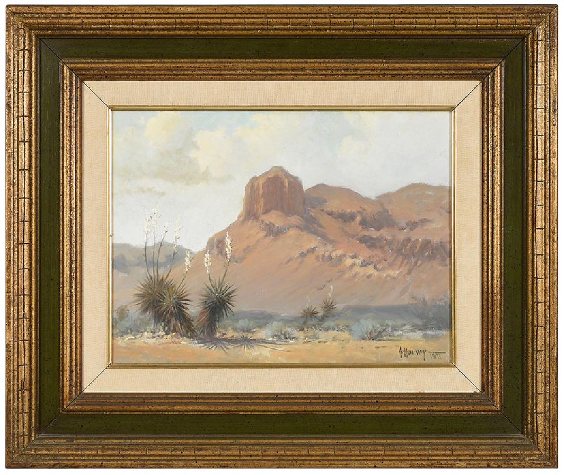 Gerald Harvey Jones: (American, 1933-2017) Summer Haze - Peak at Van Horn, Texas, 1971, signed lower right, "G. Harvey 1971", oil on canvas, 12 x 16 in.; modern painted wood frame, 21-1/4 x 25-1/4 in.