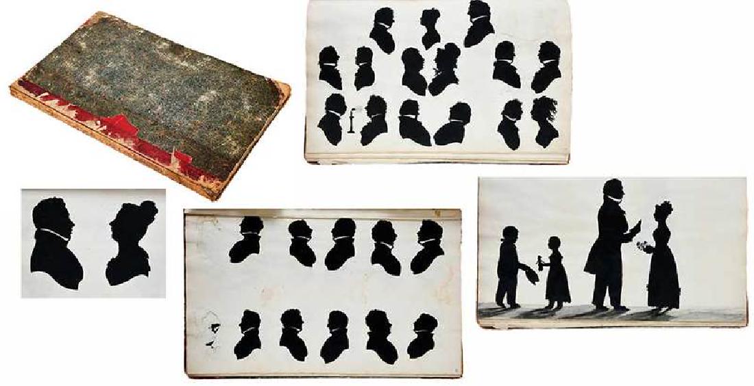 Book of Silhouette Samples: 19th century, 36 pages, marbled paper board book containing cut and paste silhouettes, some with penciled inscriptions, some silhouette name been cut out, interior bookplate labeled "Desmond Coke's Co