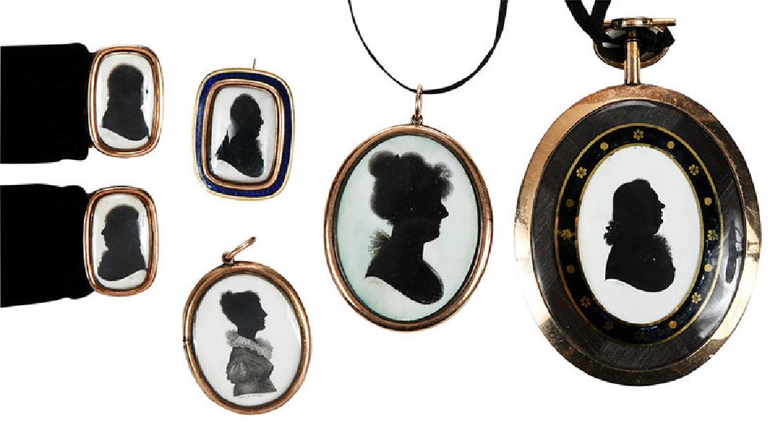 Six Gold Antique Silhouette Mourning Pieces: circa 1800, all signed "Miers", likely John Miers, British, 1758-1821, all tested 14kt.; pendant, painted silhouette on woven hair background, 3-3/8 x 2-1/8 in., 42.3 grams [cobalt glass on back not a
