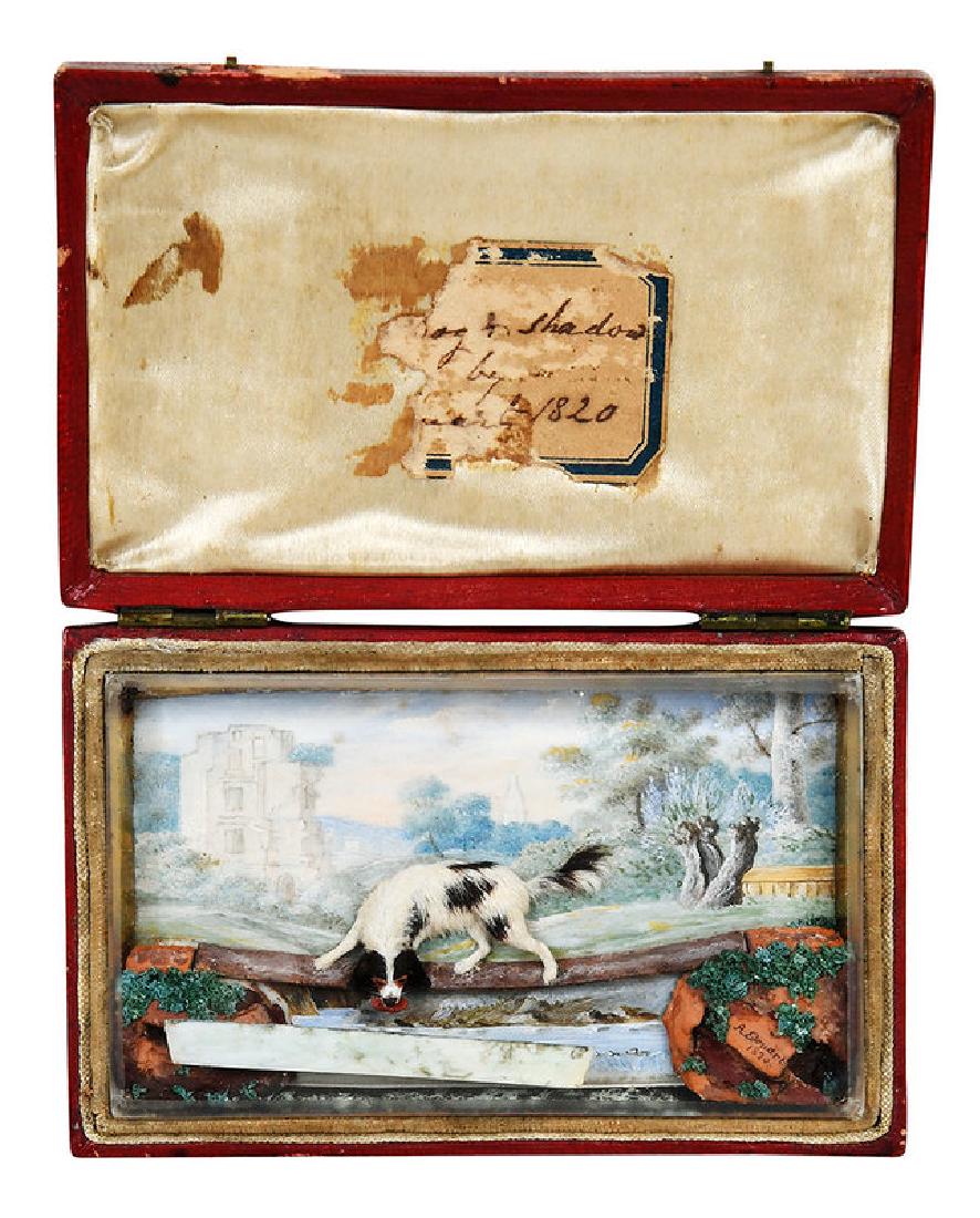 Augustin Amant Constant Fidèle Edouart: (French, 1789-1861) The Dog and his Shadow, 1820, signed lower right "A Edouart 1820", a rare small diorama, wax, hair and watercolor, leather case, silk interior, with glass dome cover, partial paper