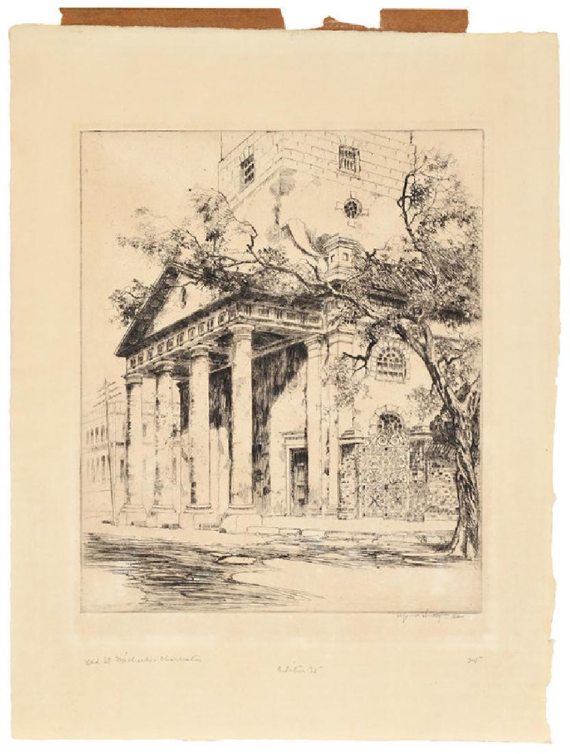 Alfred Hutty: (South Carolina, 1877-1954) Old St. Michael's Charleston, signed "Alfred Hutty AH" (with snail monogram), etching, 10-1/2 x 8-1/2 in.; unframed