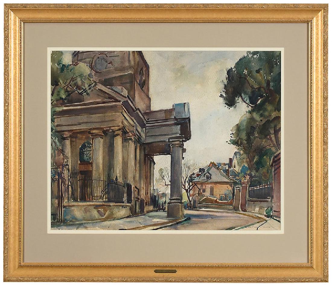 William Lester Stevens: (Massachusetts, 1888-1969) St. Philip's Church, Charleston, South Carolina, signed "W Lester Stevens", watercolor on paper; 20 x 25-1/2 in.; modern gilt wood frame, 30-1/4 x 35-1/4 in. Note: