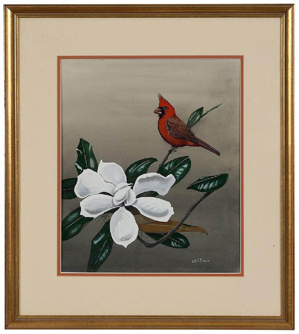 Edward Von Siebold Dingle: (South Carolina, 1893-1975) Cardinal in Magnolia Tree, signed lower right "EVS Dingle", gouache on board; 17 x 14 in.; modern wood frame, 24 x 21-1/2 in. 