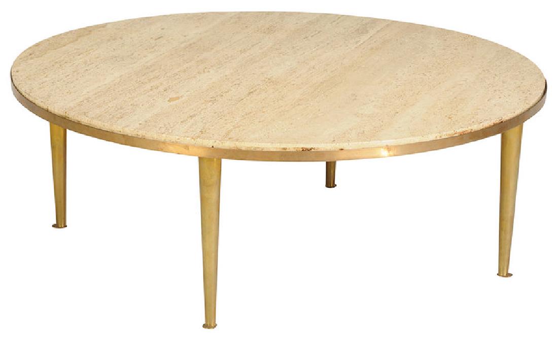 Italian Modern Marble Top Cocktail Table: circa 1960s, possibly Gio Ponti, unsigned, feet stamped "Italy", travertine top, 15 x 42 in.