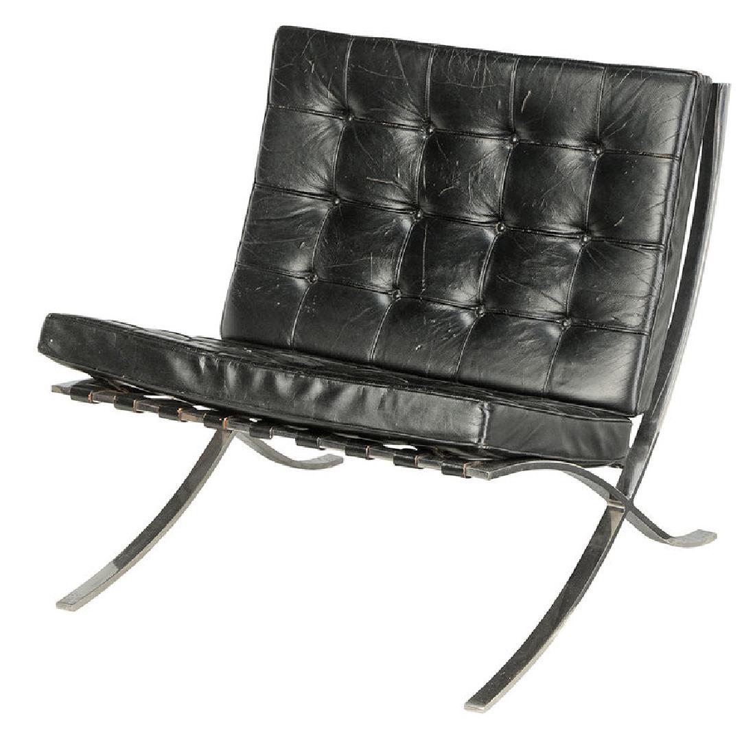 Vintage Knoll Barcelona Chair: 20th century, designed by Mies van der Rohe, chrome frame with black leather upholstery, back cushion and strap supports with original Knoll tag, 31 x 30 x 30-1/2 in.