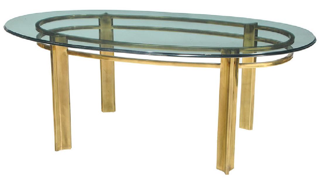Mastercraft Glass Top Dining Table: North Carolina, 20th century, ovoid form with double rail skirt, brass finished base, unmarked, 29 in.