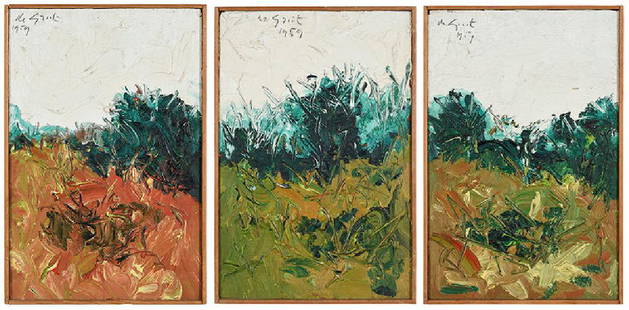 Nanno De Groot: (Massachusetts, 1913-1963) Three abstract landscapes, Provincetown Field series, signed "de Groot/1959", oil on plywood, each 18-3/8 x 12-1/4; lattice frames