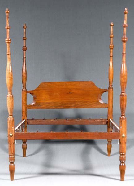 Federal tiger maple four poster bed,: turned tiger maple head and foot posts, figured cherry headboard, yellow pine rails and canopy frame, American, probably Southern, early 19th century, exterior 87 x 81-1/2 x 6 in., interior 75 x 55 in