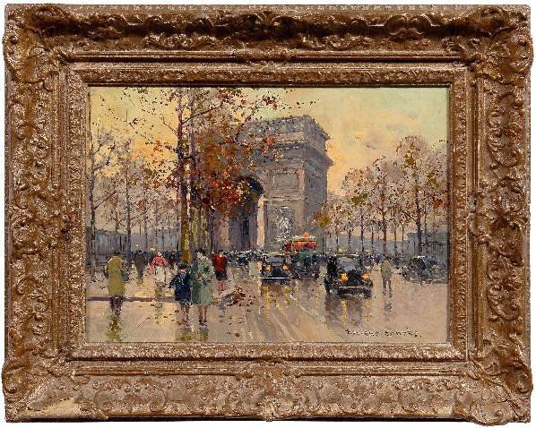 Edouard Leon Cortes painting: (French, 1882-1969), view of [L'Arc de Triomphe], signed lower right "Edouard Cortes", oil on canvas, copyright stamp verso, 13 x 18 in.; painted wood and composition French style frame. Restretched;