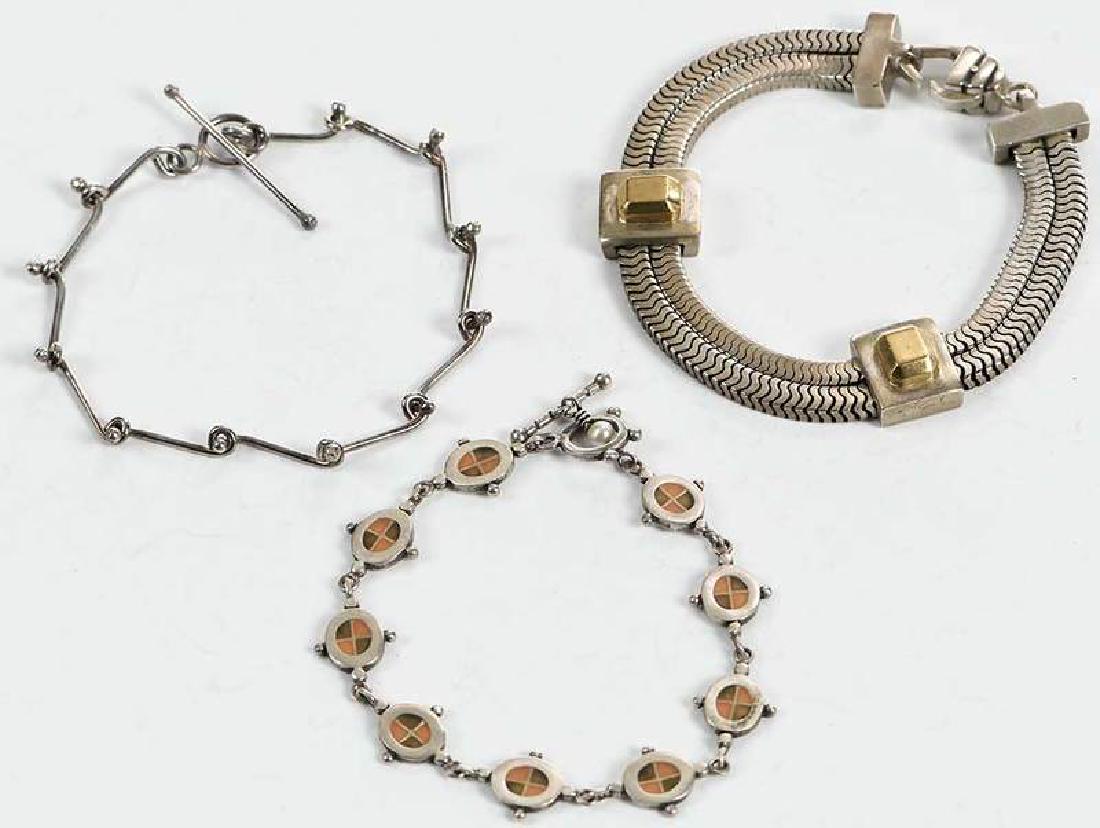 Three Silver Bracelets: Lisa Jenks chain with 18kt. yellow gold, stamped "Jenks, 925, 18K", 1/2 in. wide, 7-1/2 in. lg., 38.5 grams [tarnish, wear and scratches]; two silver link bracelets, one with resin, both 7-1/4 in. lg.