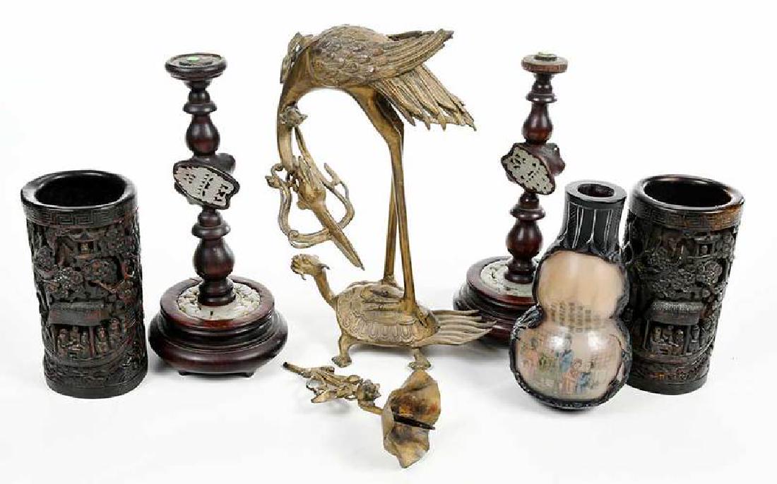 Six Chinese Decorative Items, Jade Inlay Stands: 19th/20th century, comprising: pair hardwood stands with carved figural moth and bixie inlay; pair carved brush holders; plum cut-to-clear double gourd vase with figural and calligraphic reverse paint