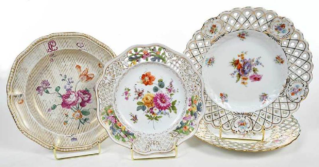 Decorated Plates, Minton, Dresden, Frankenthal: British/Continental, 18th/19th century, comprising: one attributed to Minton, closed basketweave decoration; one with marks for Frankenthal dating to 1762-1795, "PC" monogram; one marked "Dresden", to
