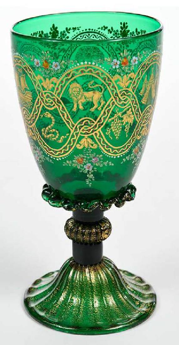 Venetian Enamel Decorated Wine Goblet: 20th century, green footed goblet with gilt and enamel decoration, 7 in. Provenance: Sold to Benefit Frame Purchases for the North Carolina Museum of Art