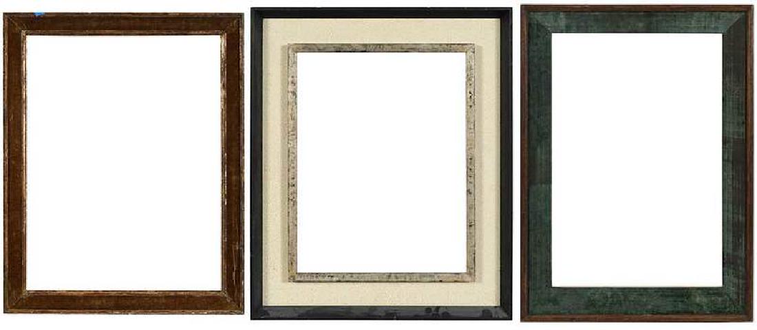 Three 20th Century Frames: Two Renaissance style, with velvet liners, green, opening (no rabbet) 28-1/2 x 19-1/2 in. gold, 30-7/8 x 24 in.; modern, rabbet 17-5/8 x 13-3/4 in. Provenance: Sold to Benefit Frame Purchases for the 