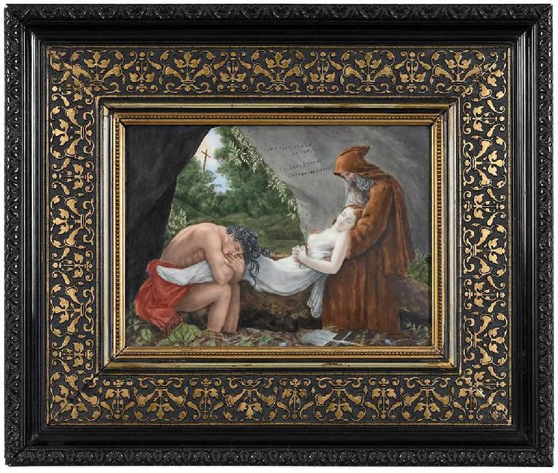 Framed Porcelain Plaque of Atala's Burial: French, 19th century, based on the Entombment of Atala oil on canvas circa 1808 by Anne-Louis Girodet de Roucy-Trioson (French, 1767-1824), artist inscription front "....ne Savaton", b