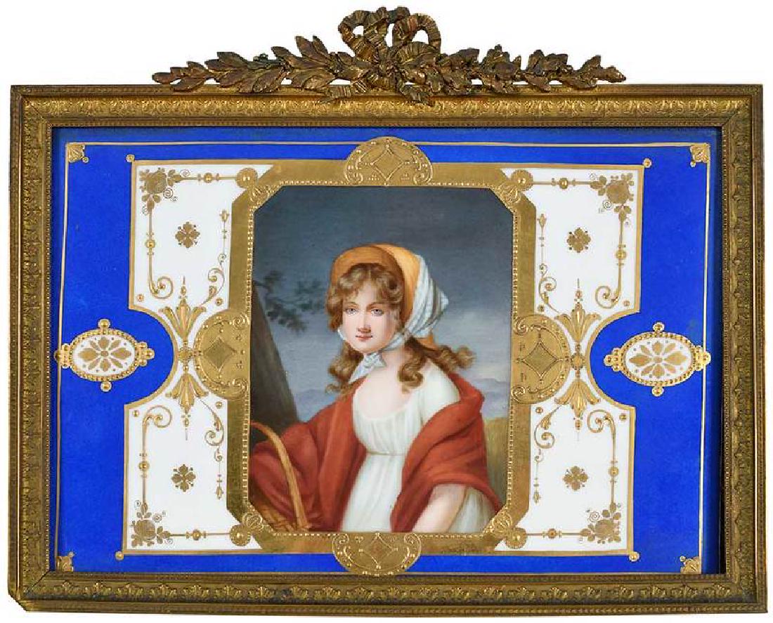 KPM Plaque of Young Lady: Continental, 19th century, Vestal Virgin holding lamp, 7 in.; elaborate gilt frame, 13 in. Provenance: Collection of Marion and Theodore Gore, Williamsburg, Virginia