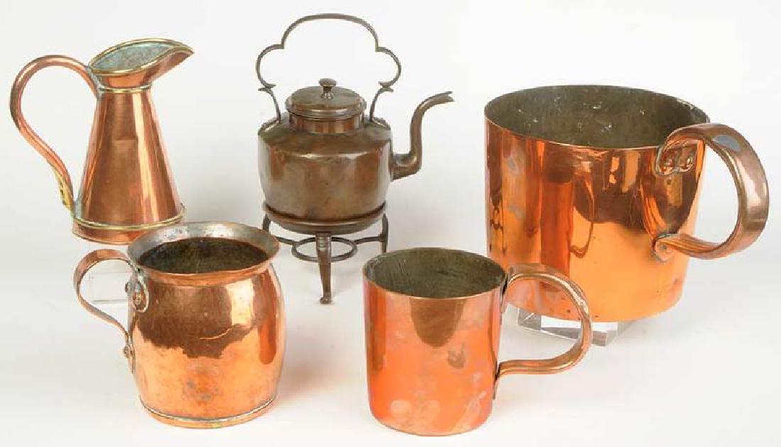 Five Assorted Copper Items: British, 19th century, three large handled mugs; brass rimmed measure; kettle on stand, 5 in. to 11 in. Provenance: Collection of Marion and Theodore Gore, Williamsburg, Virginia. According to the fam