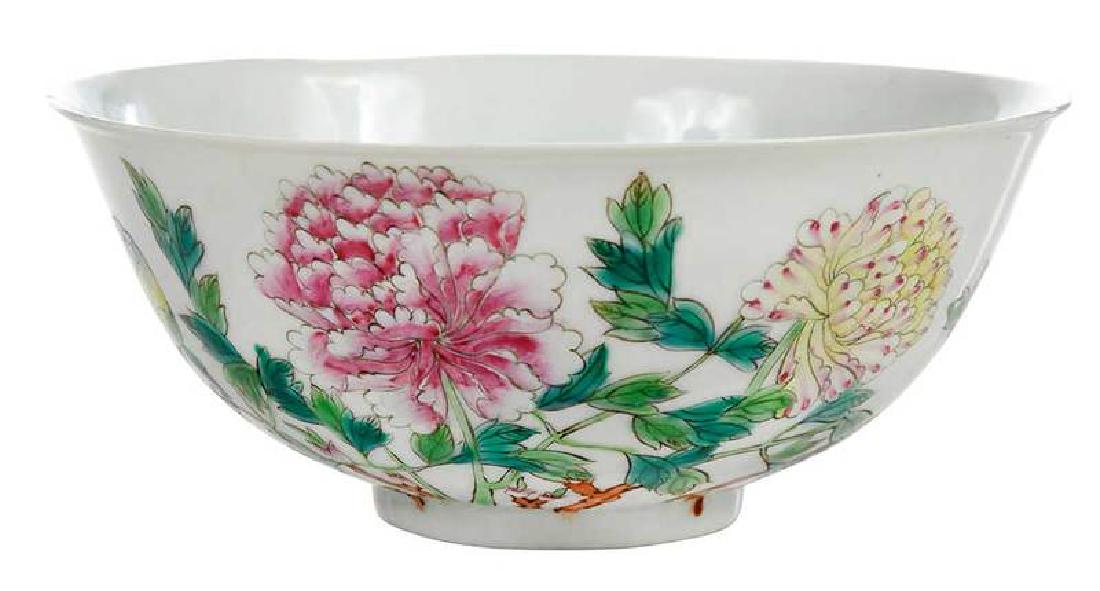 Finely Enameled Chinese Bowl, Qianlong: porcelain bowl with peonies, red iron overglaze Qianlong mark and "China" scratched verso, 2-3/4 x 6-1/2 in. Provenance: Collection of Marion and Theodore Gore, Williamsburg, Virginia