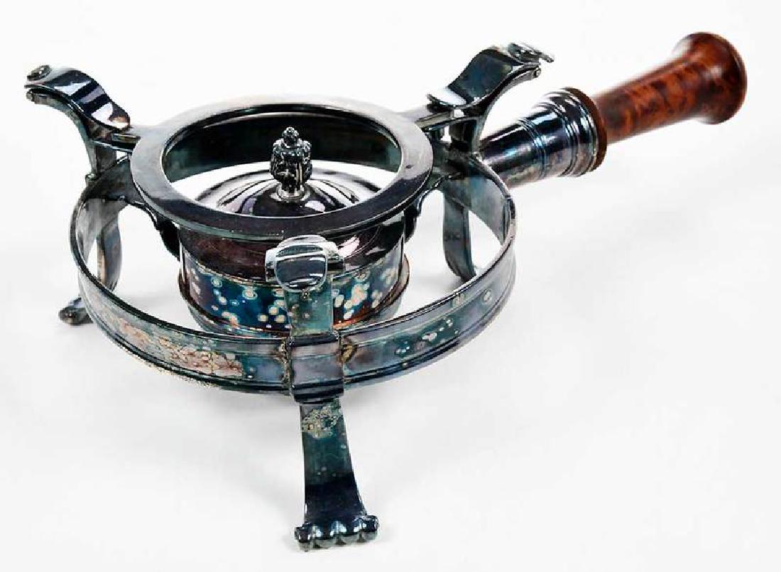 Silver-Plate Chafing Dish Stand: possibly French, unmarked, burlwood handle, 12-1/2 in. Provenance: Collection of Marion and Theodore Gore, Williamsburg, Virginia