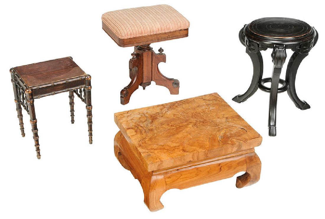 Four Vintage Stools and Benches: 19th/20th century, comprising: a Regency style stool with hoofed feet; one faux bamboo footstool; one Chinese figured hardwood low table or bench; one Eastlake swiveling piano stool, largest 20 in. Pr