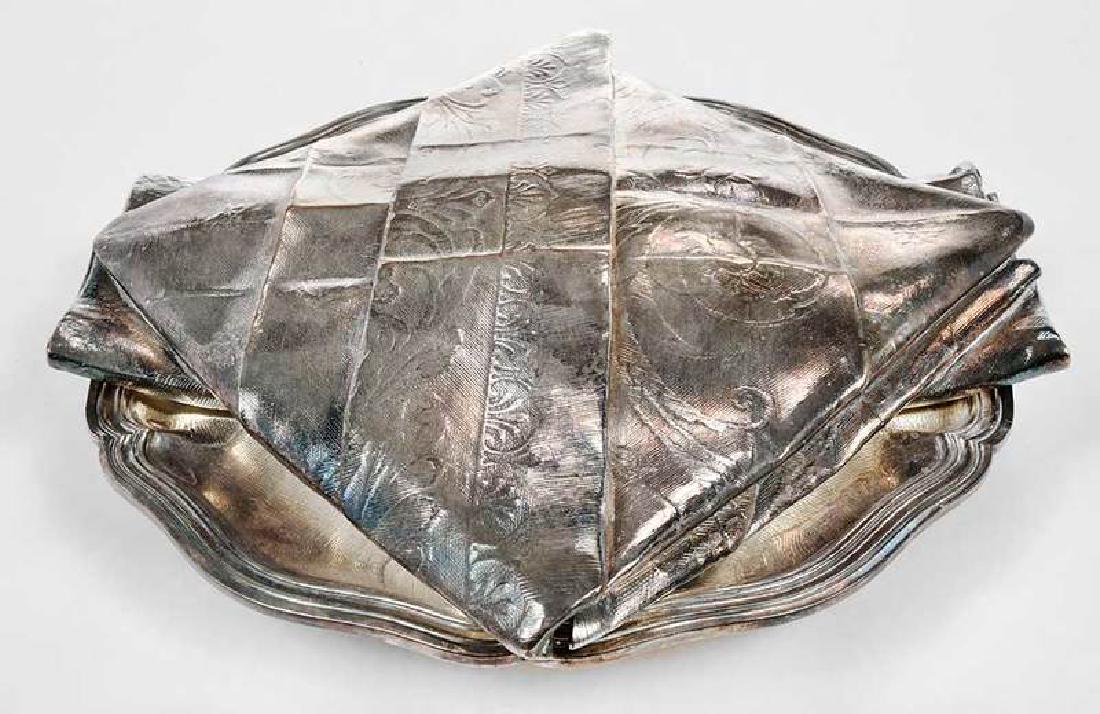 Christofle Silver-Plate Trompe L'oeil Entree: French, late 19th/early 20th century, finged handkerchief decorated lid, marks for Christofle, 11 in. Provenance: Private Collection