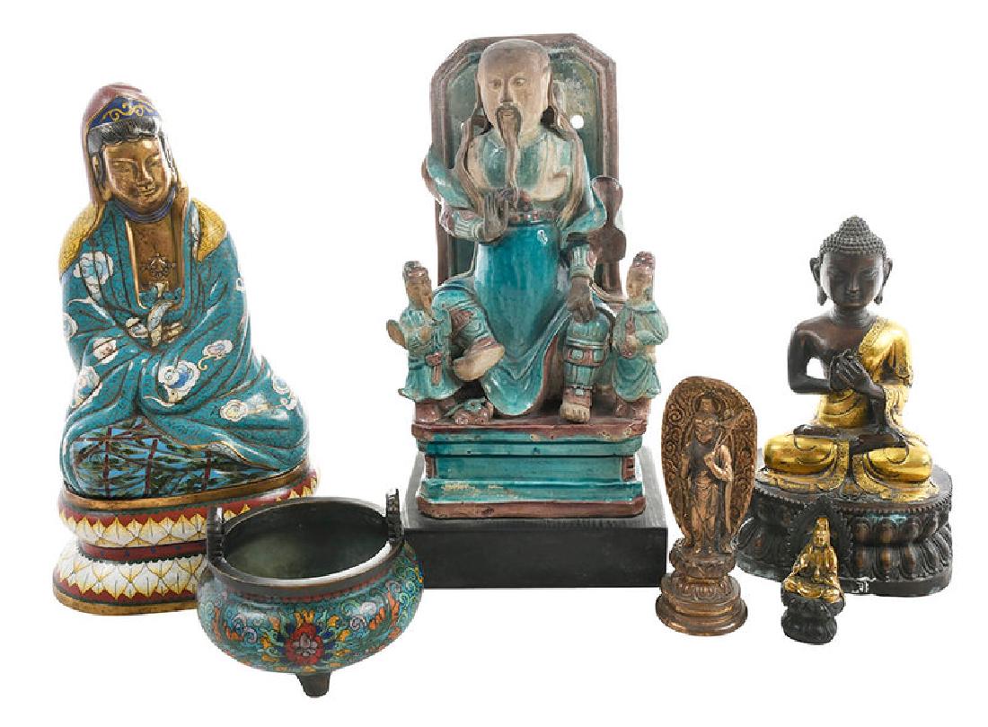 Six Vintage Asian Altar Objects: comprising: one glazed earthenware male figure depicted seated with attendants, set on wood base, 13 x 6-1/2 x 5 in., [oxidation, some glaze loss, holes for hanging as made, probably later base]; one 