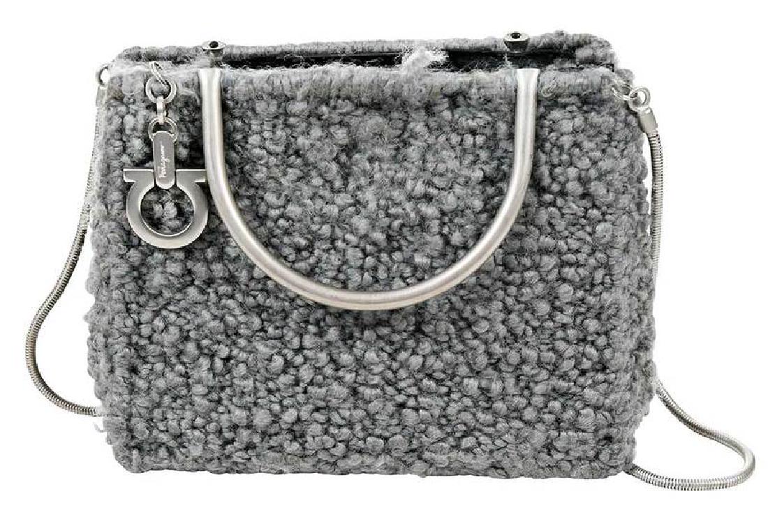 Ferragamo Cross-Body Wool Bag: 21st century, interior flap marked "Salvadore Ferragamo/DO-21 9731 MADE IN ITALY", grey wool with metal strap and handles, original lining, 6 x 8 x 3 in. Provenance: Private Collection, Asheville, Nor