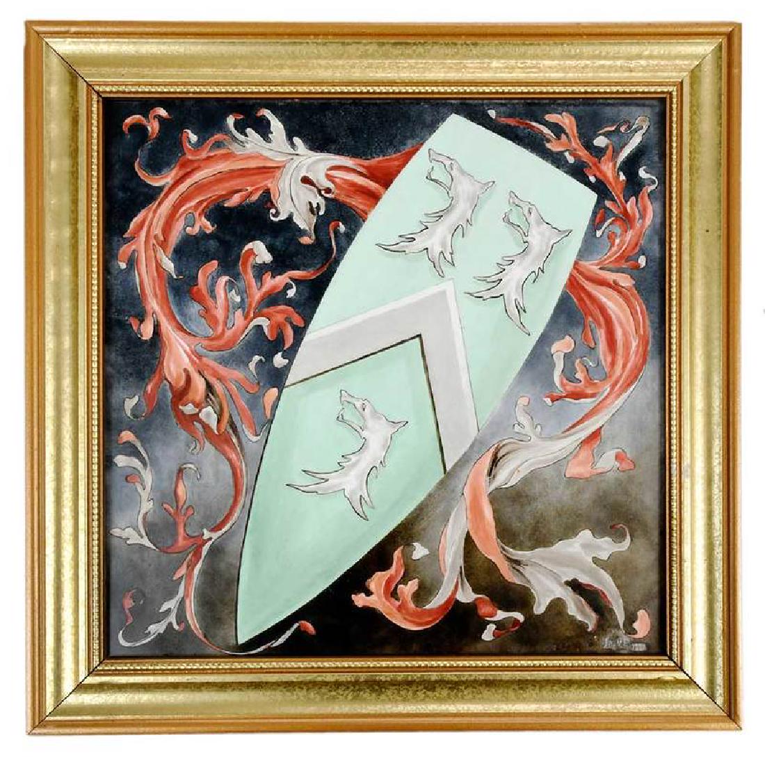 Minton Hollins Irish Armorial Painted Tile: 19th century, chevron between three wolves' heads with red leaf-work, impressed tile verso "Minton Hollins Co/Patent Tile Works/Stoke On Trent.", signed recto "J de V. F. 1881", tile 12 x 12 in. 