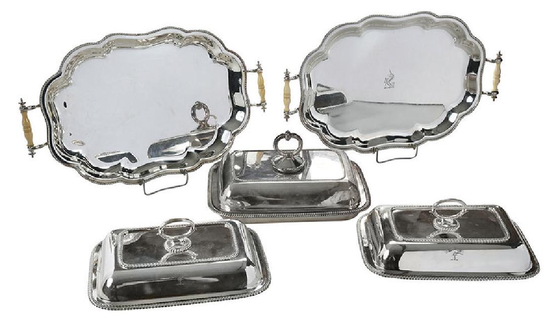 Five Silver-Plated Table Items: including pair of entree servers, gadroon borders, heraldic device, no makers mark, 11 in.; two Old Sheffield plate cartouche form tray/liners, ivory handles, one with heraldic, several marks, 18-3/4 