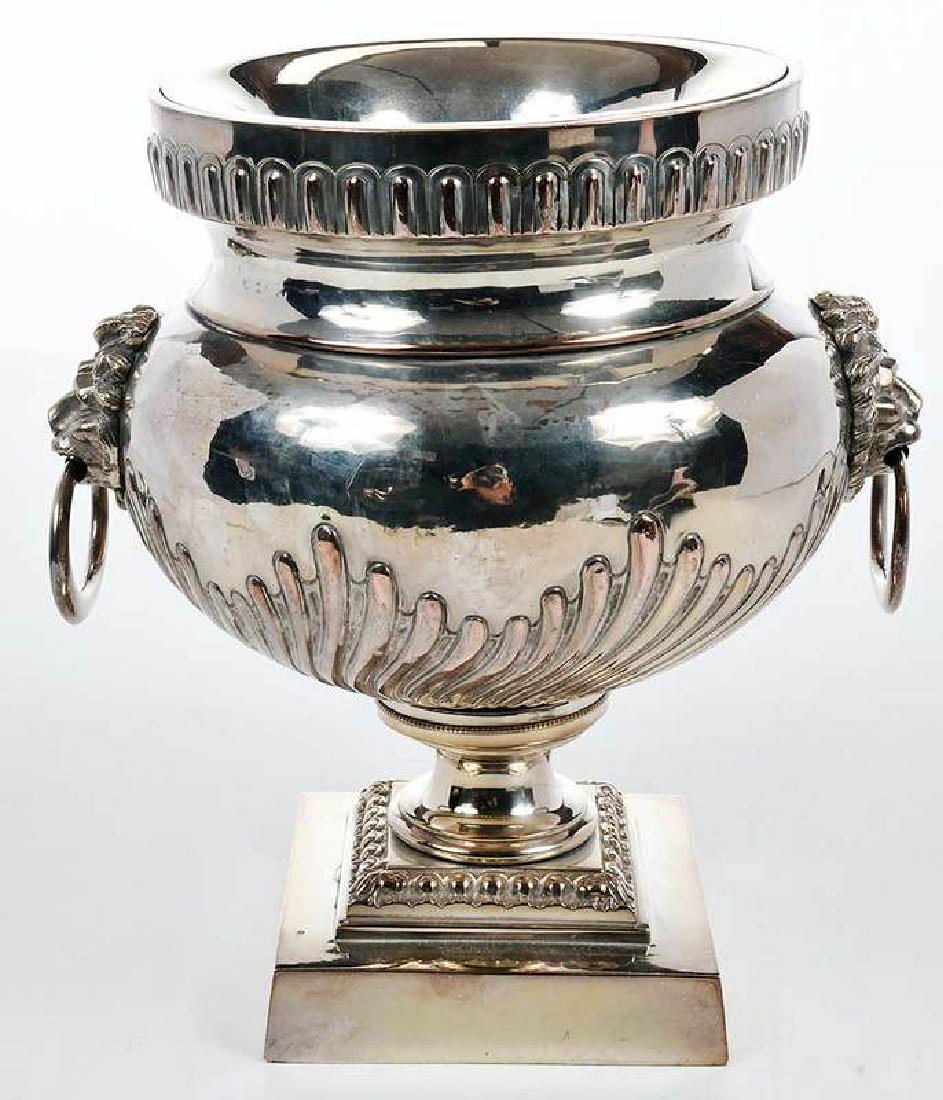 Silver-Plate Wine Cooler: probably English, 19th and 20th century, lion head and ring mounts, unmarked, 12-1/2 in. Provenance: Private Collection, Asheboro, North Carolina
