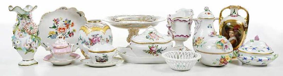 Large Group Continental Decorated Porcelain: mostly 20th century, comprising signed hand painted "Wagner" vase, [chip on vase], small Herend tureen; small Ginori tureen; and others, tallest 7 in. Provenance: Private Collection, Asheboro, North C