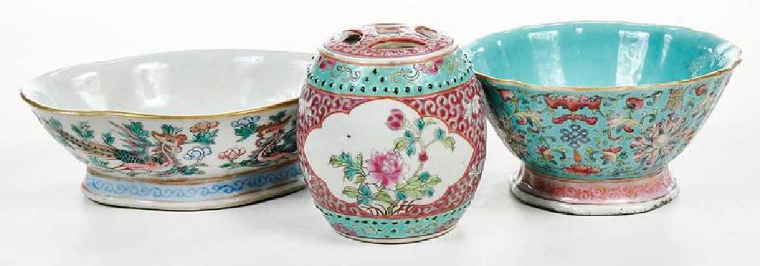 Three Chinese Export Famille Verte Table Objects: 20th century, porcelain, comprising: one lidded tea caddy, unmarked; two footed bowls, each with unidentified seal mark, 4 in.
