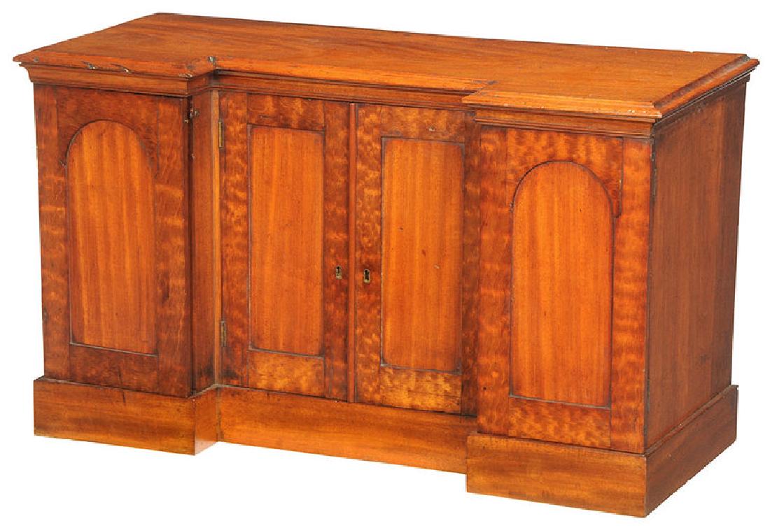 Federal Mahogany Tabletop Cabinet: British/American, 19th century, two central panel doors open to shelved interiors, flanked by a panel door opening to four dovetailed drawers, 19-3/4 x 33-1/2 x 14 in. Provenance: Private Co