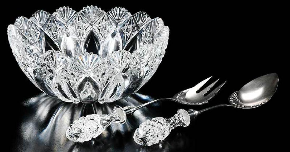 Three Pieces Cut Glass Punch Bowl, Salad Set: salad serving set, silver-plate marked Pairpoint, 11-3/4 in., [good condition]; small punch bowl with split vesicas, hobstar and fan border, 5 in. x 10 in., [scattered scratches to exterior]