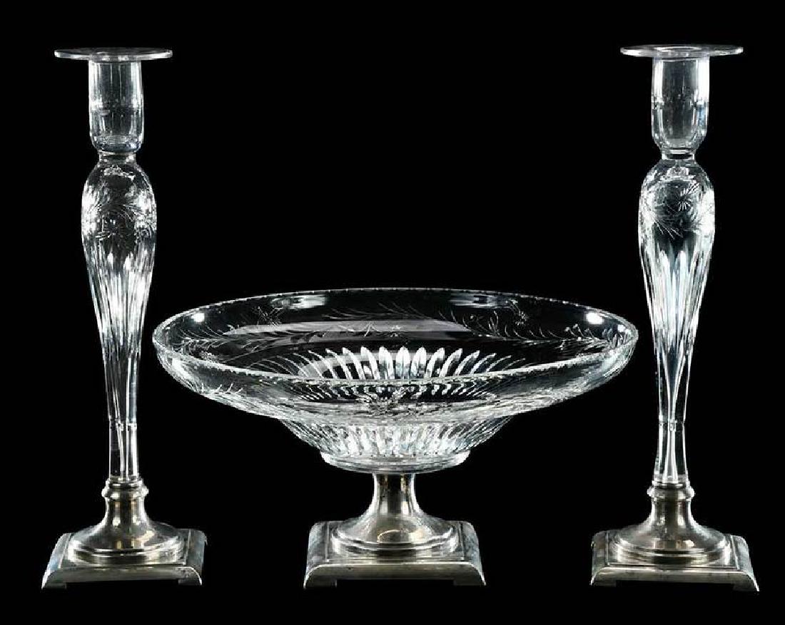 Three Piece Hawkes Crystal Console Set: cut crystal center bowl, floral and foliate motif, sterling base, together with pair matching candlesticks, sterling bases, center bowl with Hawkes mark, silver marked "Hawkes Sterling", bowl, 6-1/4 x