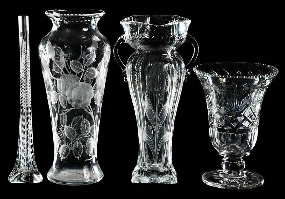 Four Cut Glass Vases: Pairpoint, Pittsburgh: "Tulip", Pairpoint mark, 12 in.; "Rose", Sinclaire mark, 12-1/2 in.; "Lozenge and Fan", attributed to Pittsburg