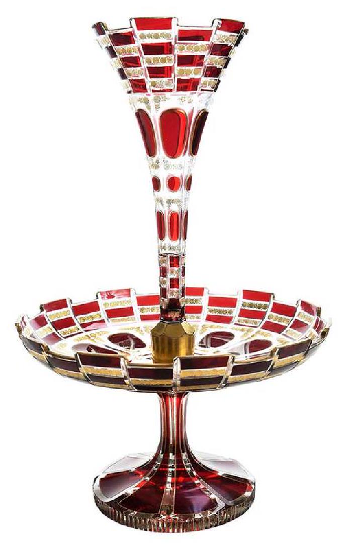 Bohemian Ruby and Gilt Glass Epergne: late 19th century, three part epergne, ruby panels with gilt applied over intaglio cut flowers, trumpet threaded top screws into center shaft, 18-1/2 in. 