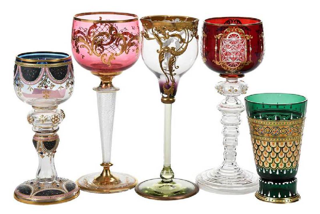 Five Enamel and Gilt Decorated Glasses, Lobmeyr: green beaker attributed to Lobmeyr, gold fish scale decoration, 4-1/4 in.; roemer stem, ruby bowl with cut glass gilt framed panels, 7-1/4 in.; roemer stem, swag enamel decoration, "jewel" accents, 6 