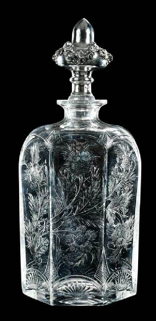 "Rock Crystal" Floral Intaglio Cut Decanter: six-sided with arched floral panels, silver topped stopper, marked "Sterling 785" with unidentified hallmarks, 11-1/4 in.